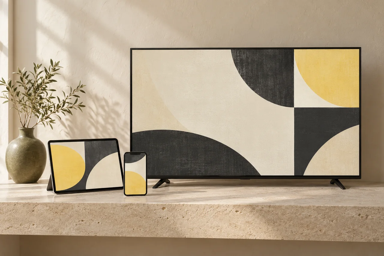An unbranded television, tablet and phone showing original citrus abstract artwork.