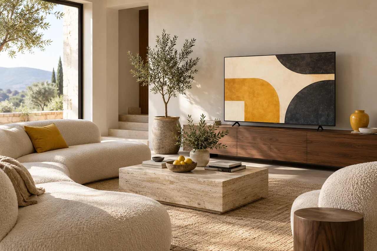 An inviting living room with original citrus and charcoal artwork on an unbranded television.