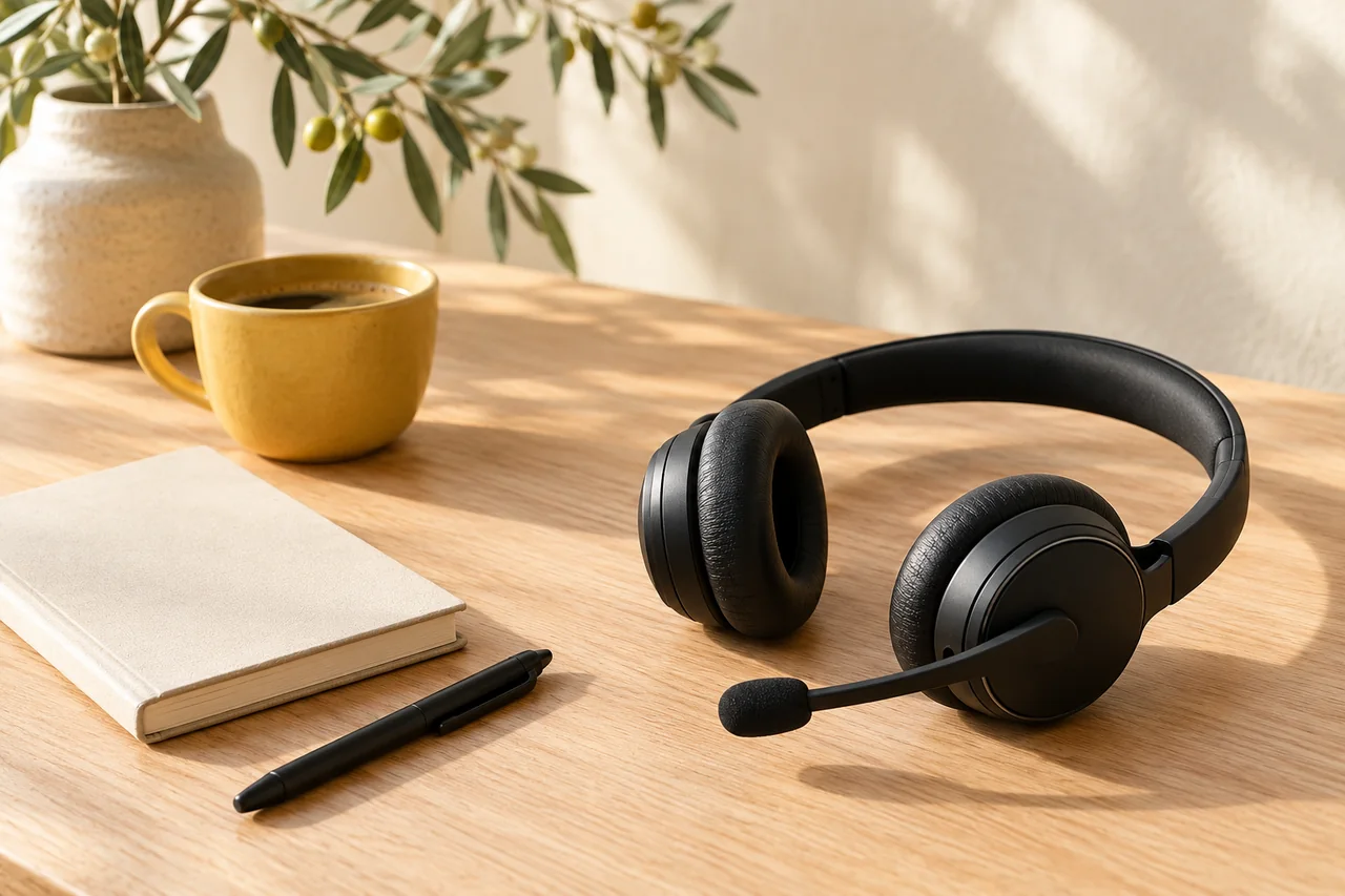 A support headset and notebook on a calm desk with citrus accents.
